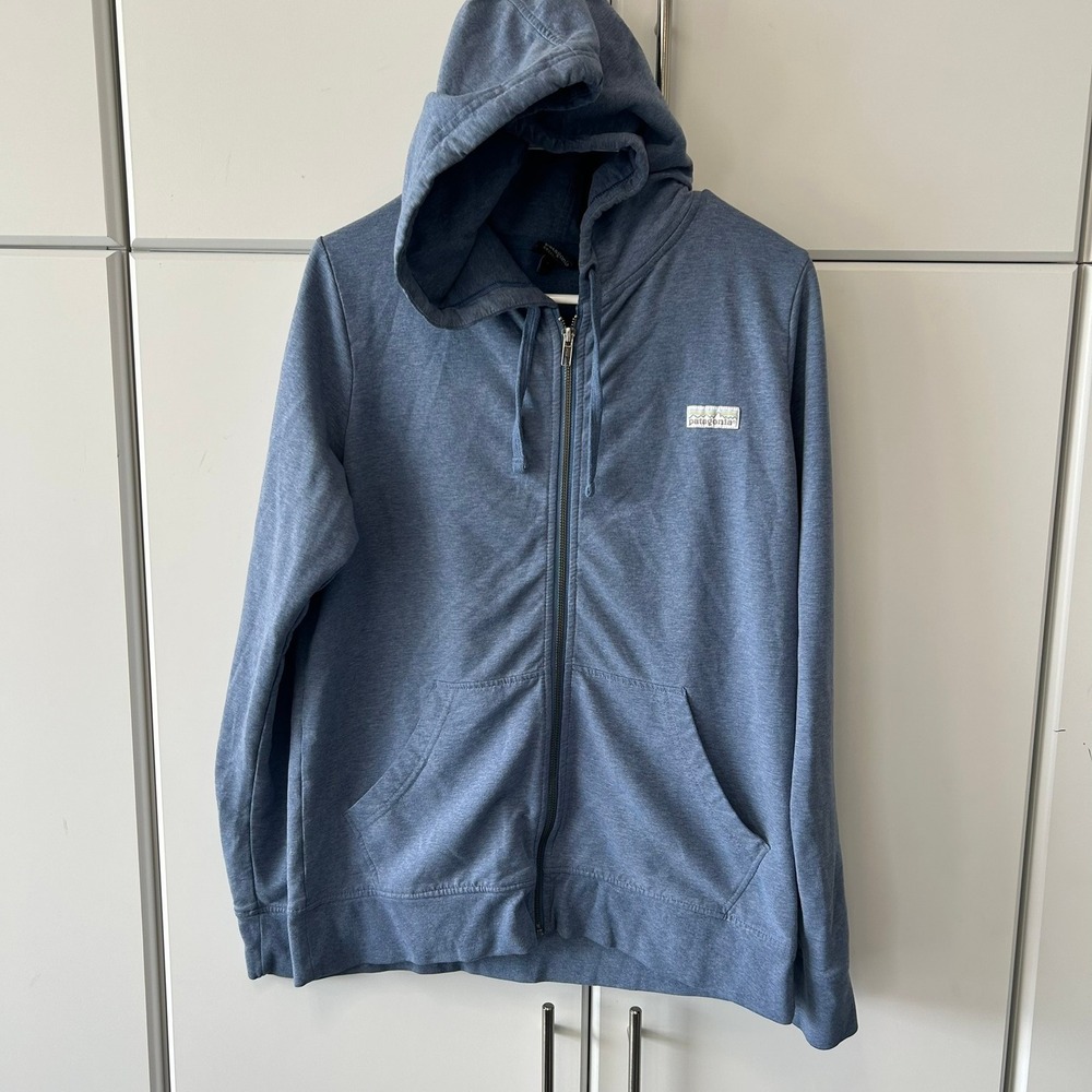 Patagonia Mens Organic Cotton Full Zip Hoodie Blue Heather Small Logo Patch